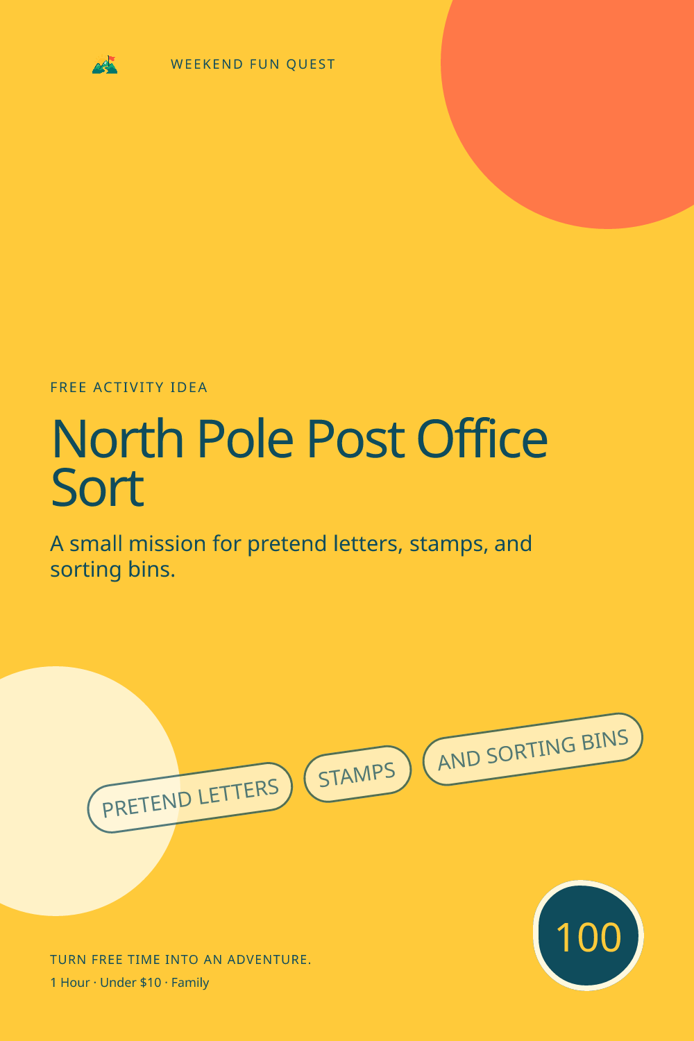 Vertical Pinterest graphic for north pole post office sort featuring pretend letters, stamps, and sorting bins and a quest trail