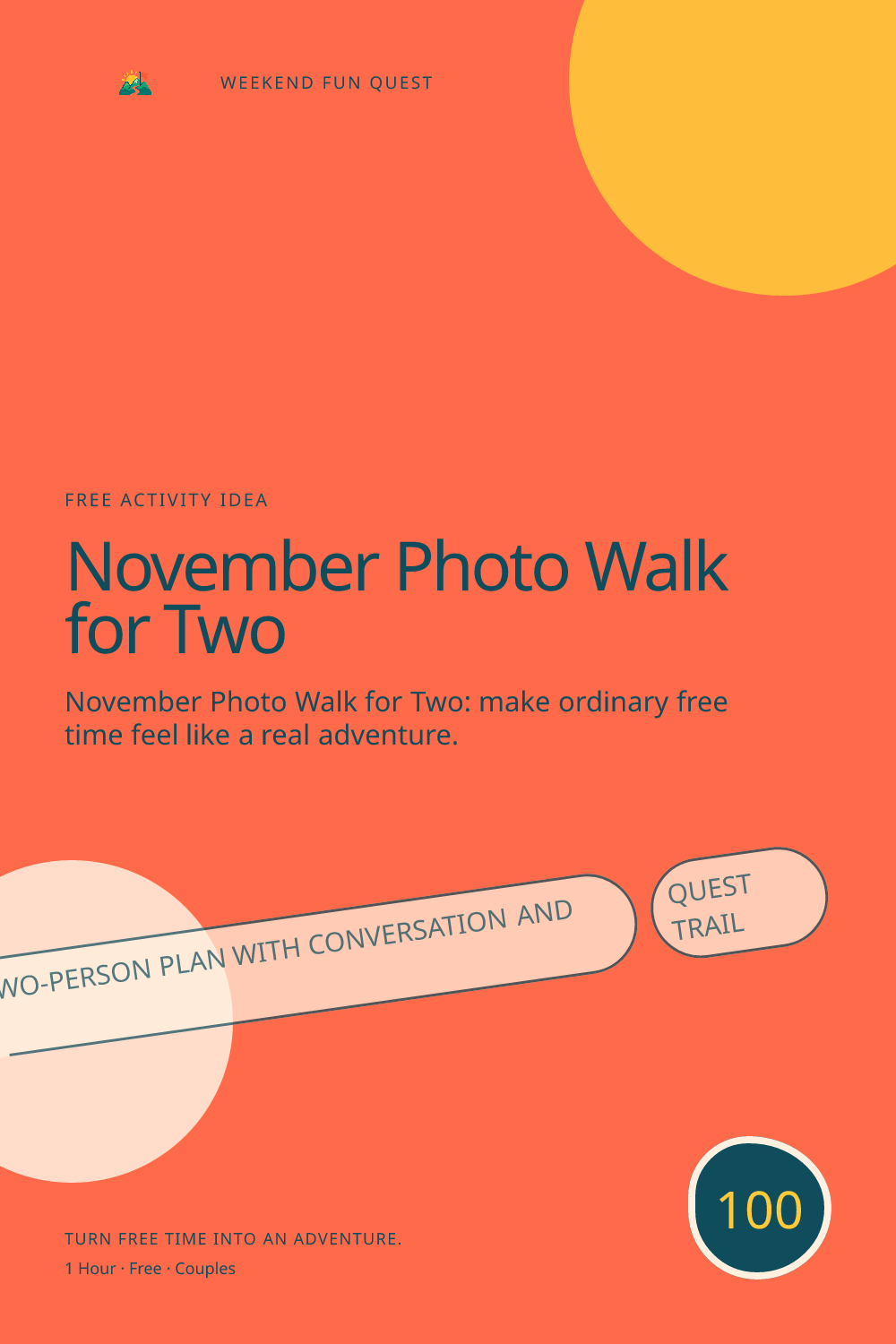 Vertical Pinterest activity illustration for november photo walk for two featuring a relaxed two-person plan with conversation and discovery