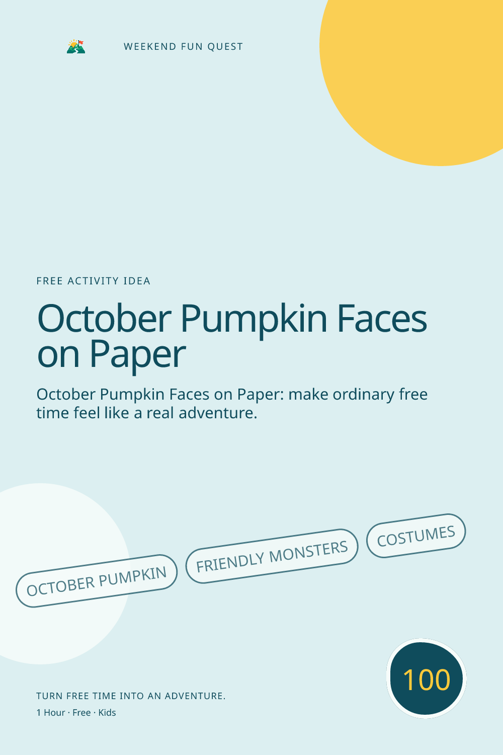 Vertical Pinterest activity illustration for october pumpkin faces on paper featuring friendly monsters, costumes, and Halloween imagination