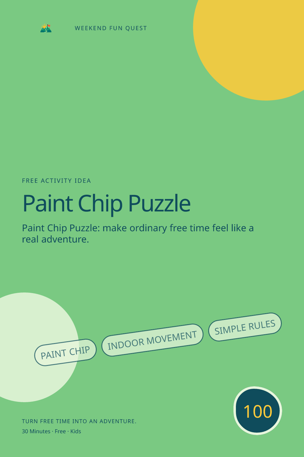 Vertical Pinterest activity illustration for paint chip puzzle featuring indoor movement, simple rules, and rainy-day energy