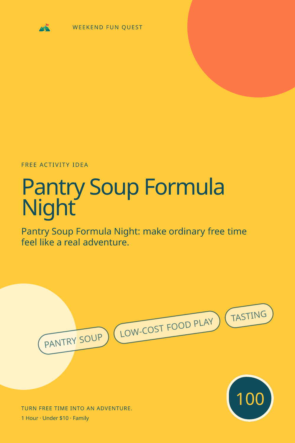 Vertical Pinterest activity illustration for pantry soup formula night featuring low-cost food play, tasting, and thoughtful kitchen roles