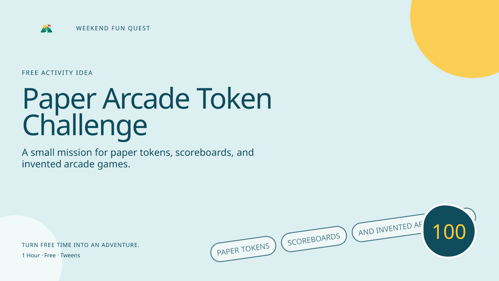 Wide Weekend Fun Quest illustration for paper arcade token challenge featuring paper tokens, scoreboards, and invented arcade games