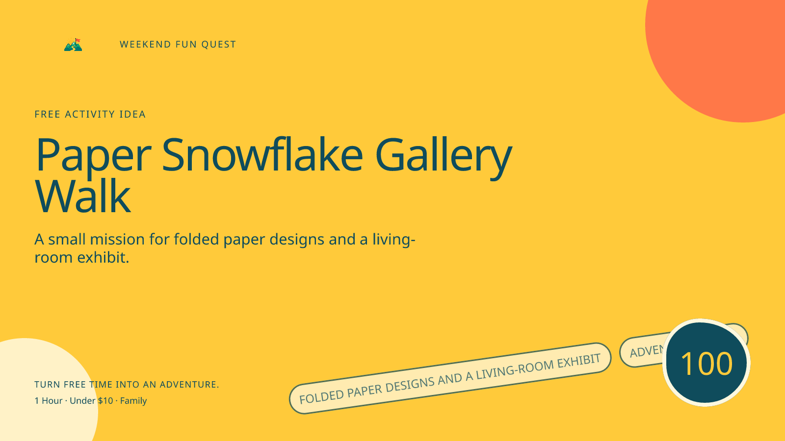 Wide Weekend Fun Quest illustration for paper snowflake gallery walk featuring folded paper designs and a living-room exhibit
