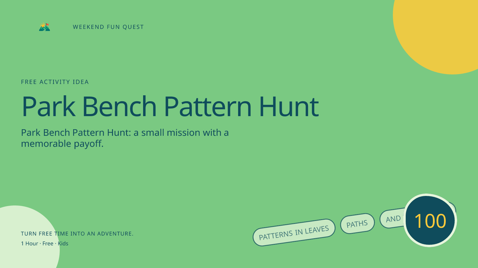 Wide Weekend Fun Quest illustration for park bench pattern hunt featuring patterns in leaves, paths, and park details