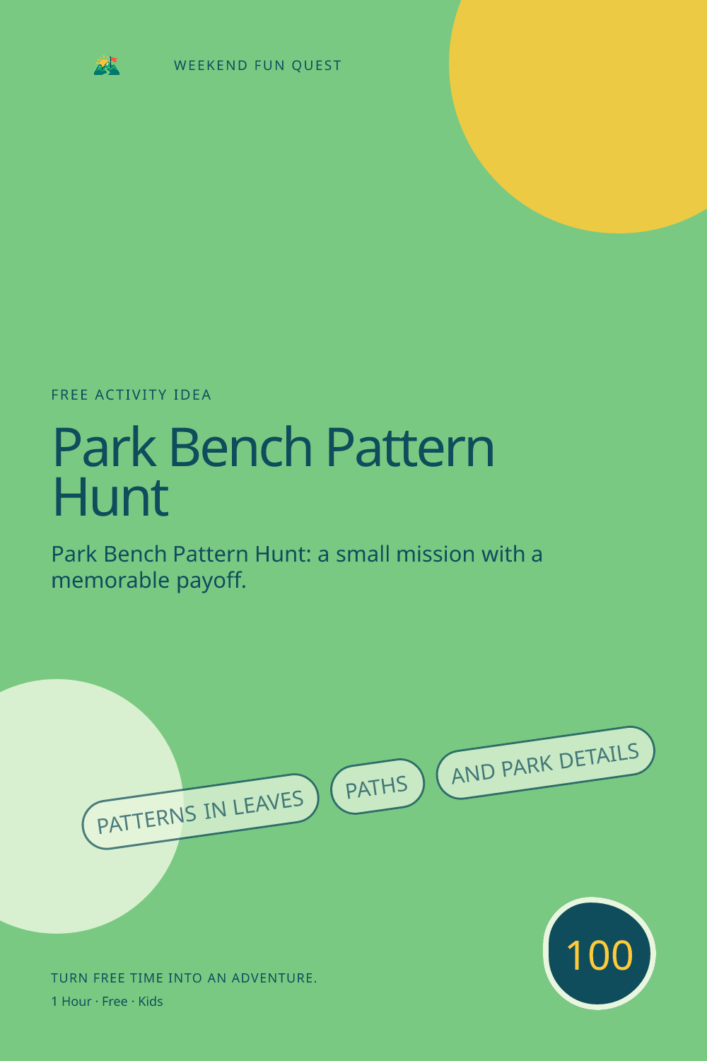 Vertical Pinterest activity illustration for park bench pattern hunt featuring patterns in leaves, paths, and park details