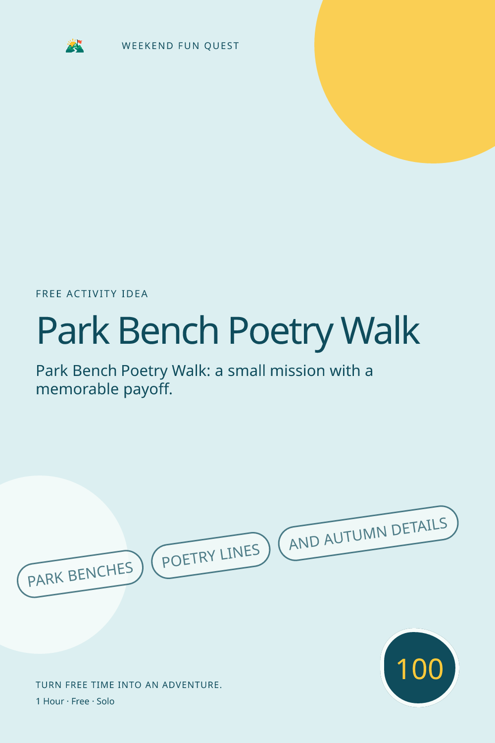 Vertical Pinterest activity illustration for park bench poetry walk featuring park benches, poetry lines, and autumn details