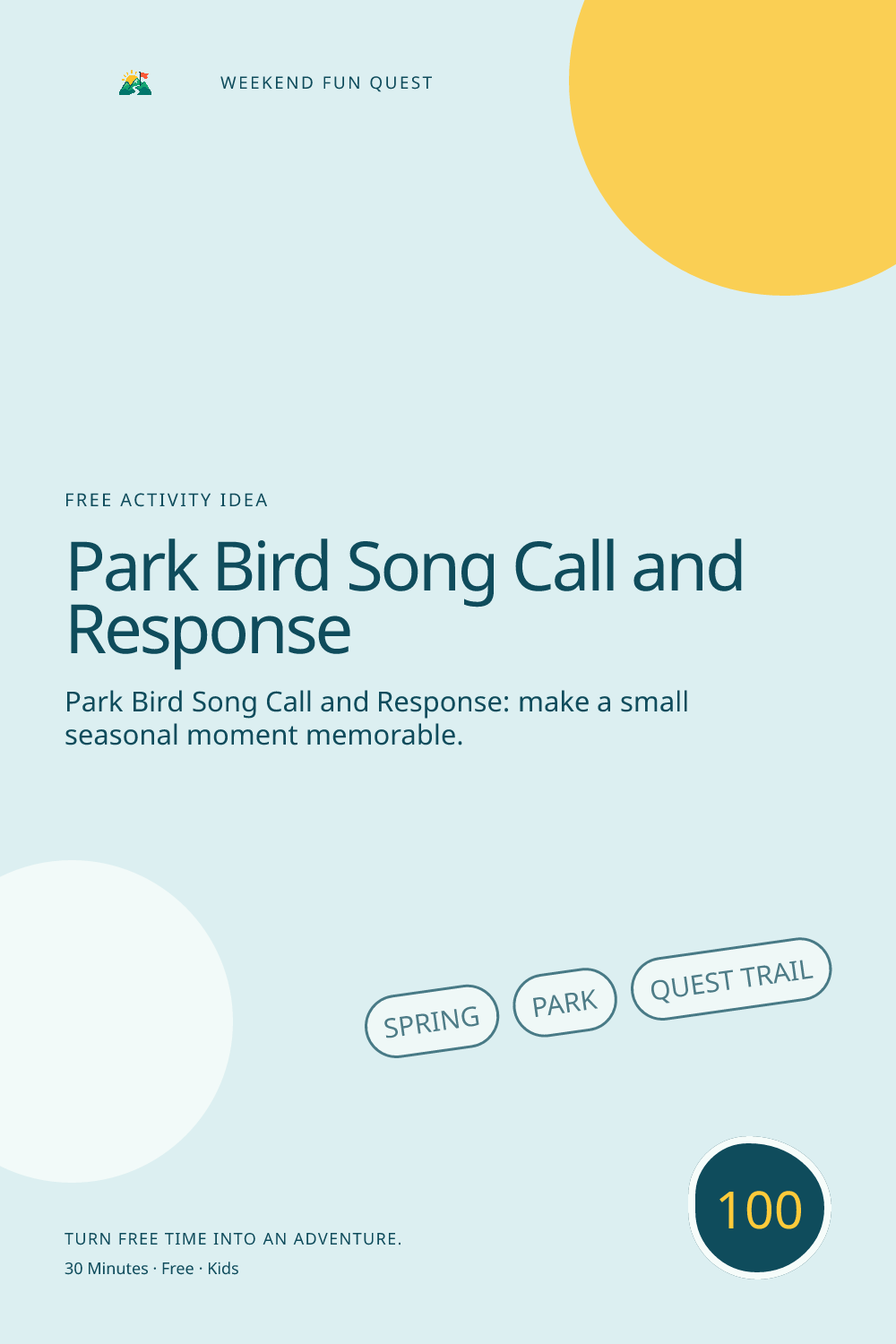 Vertical Pinterest illustration for park bird song call and response featuring listen for bird sounds and make quiet call-and-response patterns away from wildlife