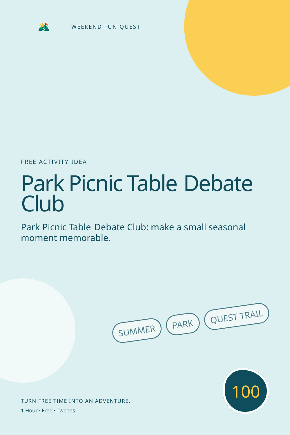 Vertical Pinterest illustration for park picnic table debate club featuring hold a playful, kind debate over silly summer questions with time-limited turns