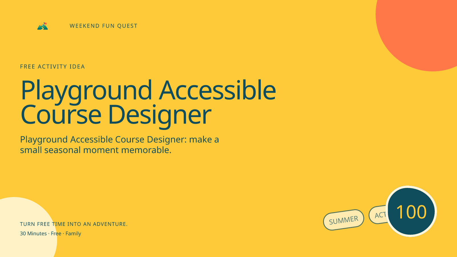 Wide Weekend Fun Quest illustration for playground accessible course designer featuring design a choose-your-own challenge with seated, sensory-light, and movement options