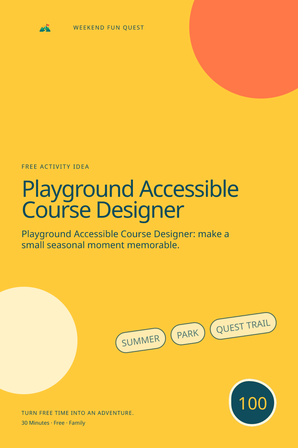 Vertical Pinterest illustration for playground accessible course designer featuring design a choose-your-own challenge with seated, sensory-light, and movement options
