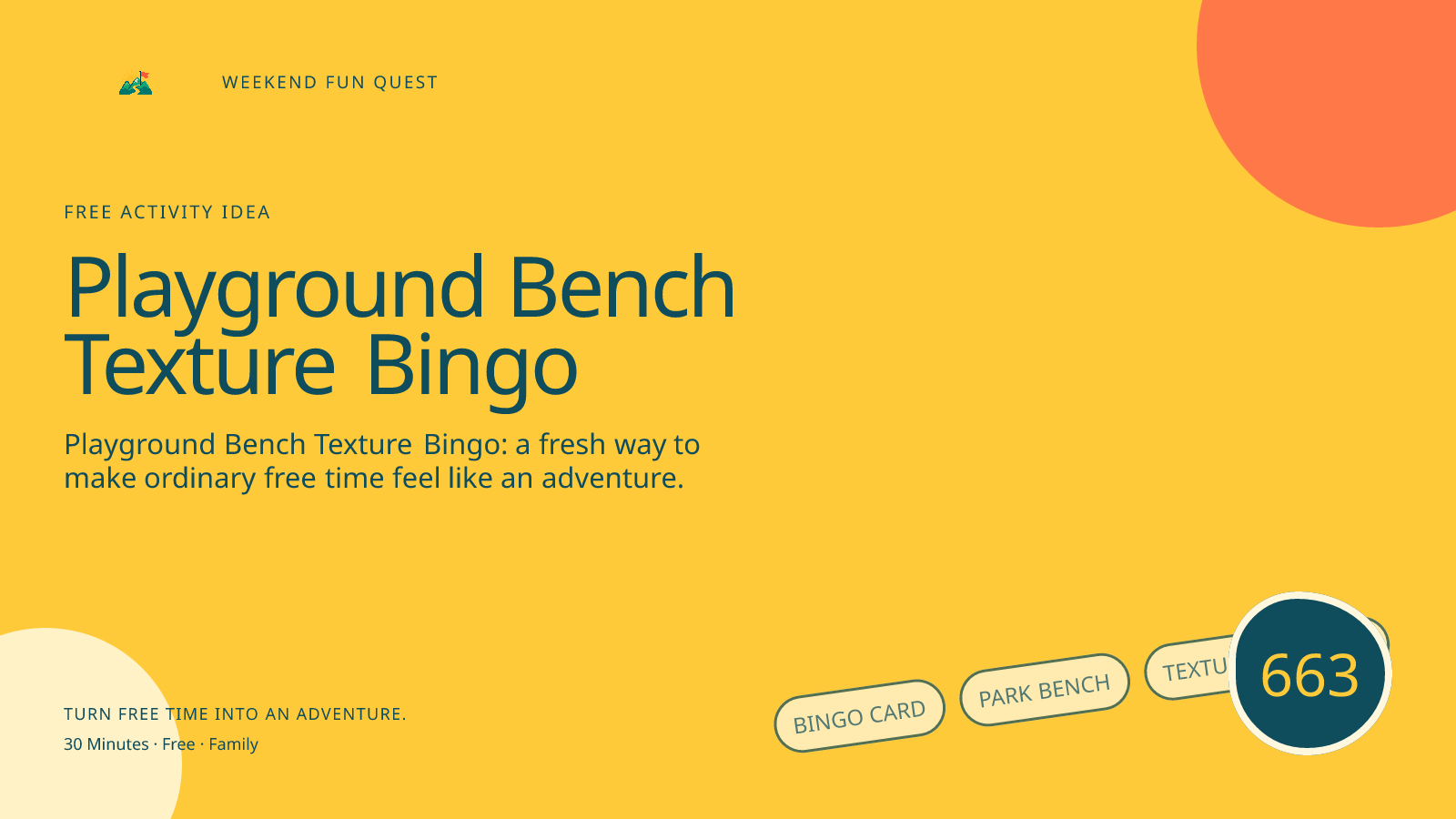 Wide Weekend Fun Quest illustration for playground bench texture bingo featuring bingo card, park bench, texture swatches