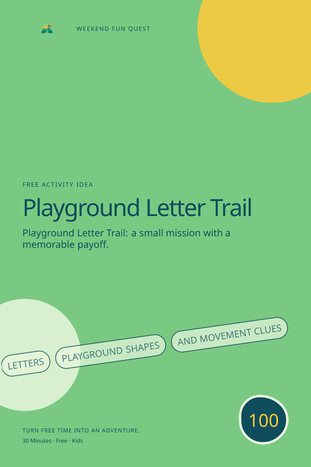 Vertical Pinterest activity illustration for playground letter trail featuring letters, playground shapes, and movement clues
