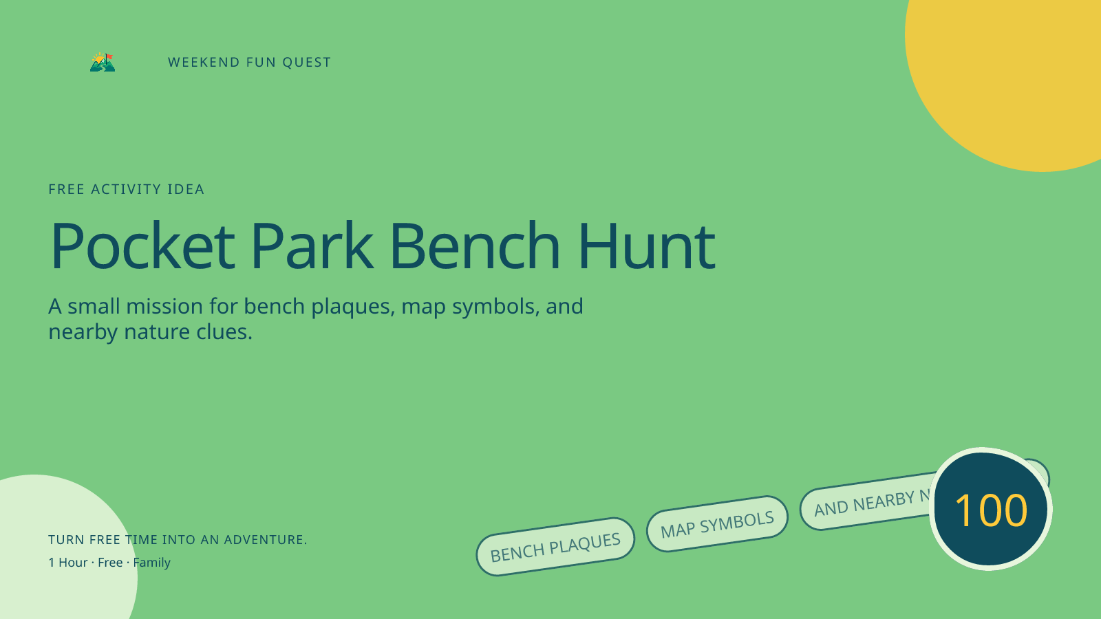 Wide Weekend Fun Quest illustration for pocket park bench hunt featuring bench plaques, map symbols, and nearby nature clues