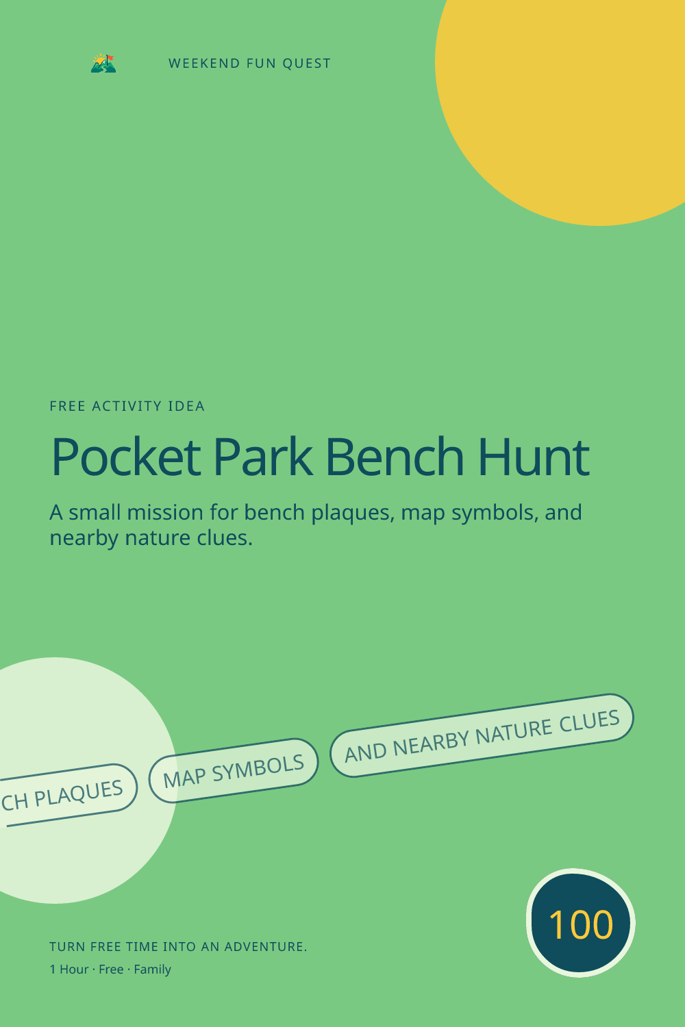 Vertical Pinterest graphic for pocket park bench hunt featuring bench plaques, map symbols, and nearby nature clues and a quest trail