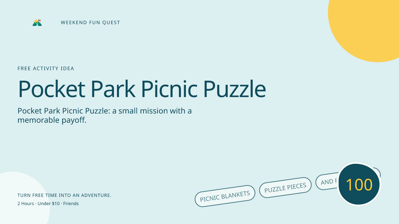 Wide Weekend Fun Quest illustration for pocket park picnic puzzle featuring picnic blankets, puzzle pieces, and park puzzles