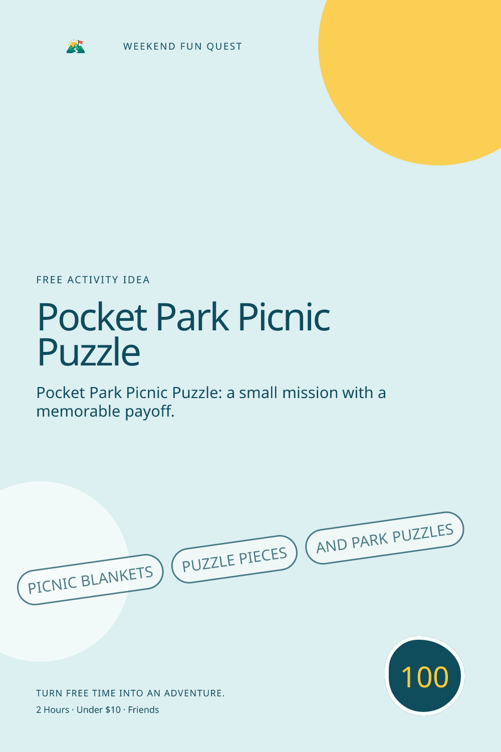 Vertical Pinterest activity illustration for pocket park picnic puzzle featuring picnic blankets, puzzle pieces, and park puzzles