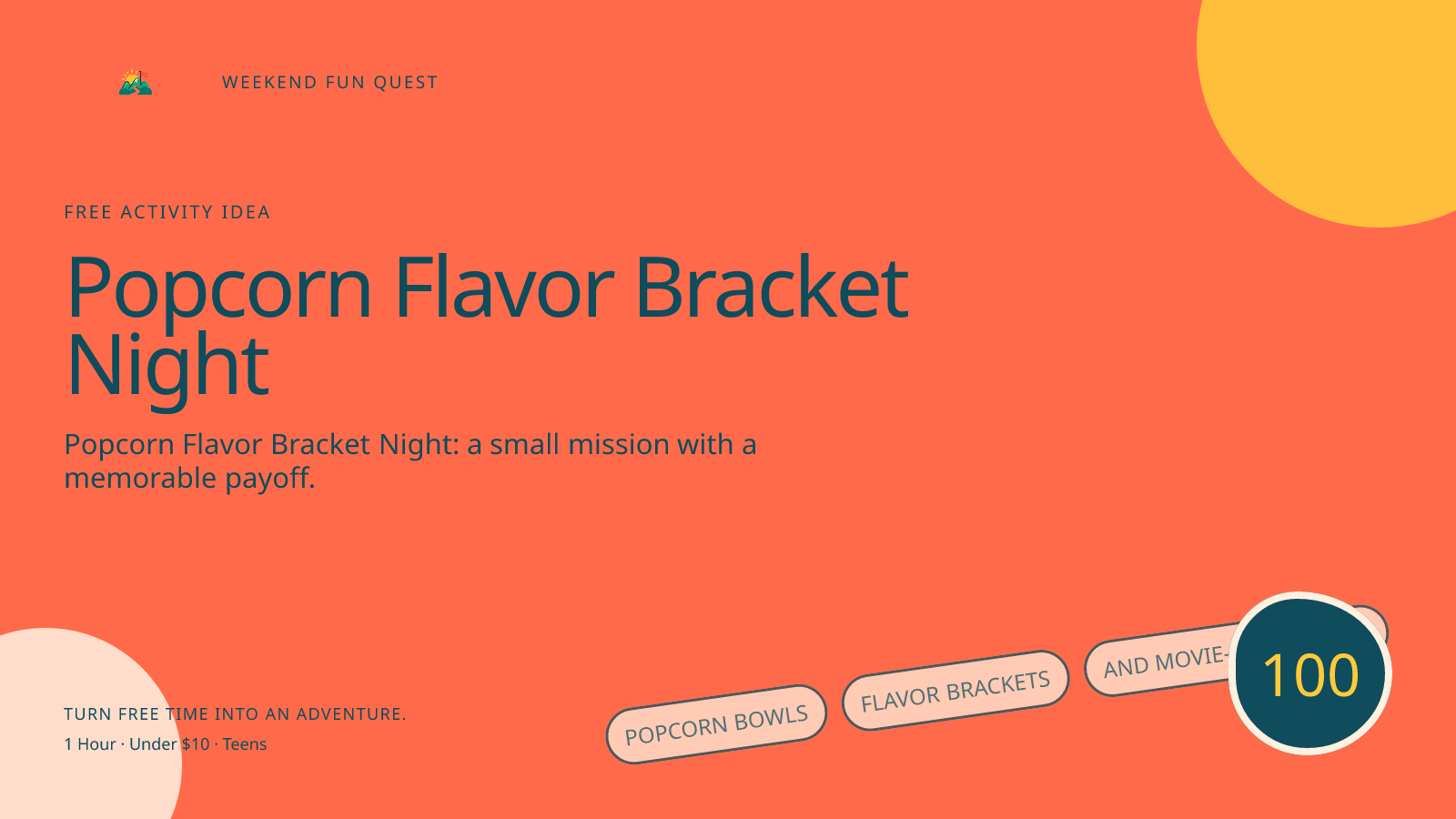 Wide Weekend Fun Quest illustration for popcorn flavor bracket night featuring popcorn bowls, flavor brackets, and movie-night votes