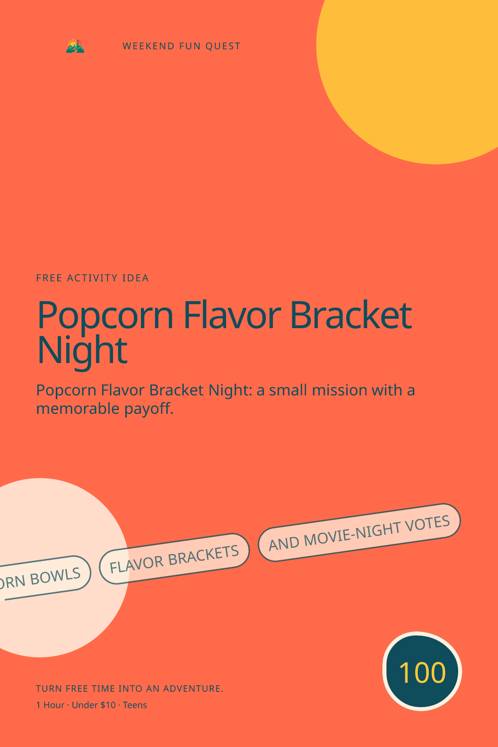 Vertical Pinterest activity illustration for popcorn flavor bracket night featuring popcorn bowls, flavor brackets, and movie-night votes