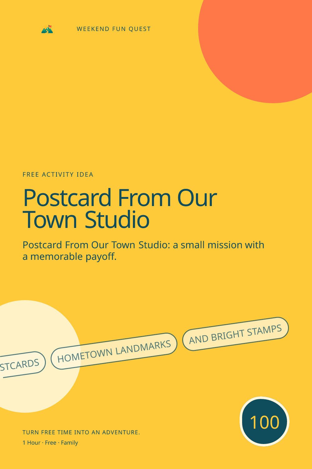 Vertical Pinterest activity illustration for postcard from our town studio featuring postcards, hometown landmarks, and bright stamps