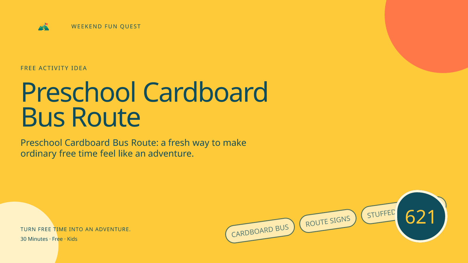 Wide Weekend Fun Quest illustration for preschool cardboard bus route featuring cardboard bus, route signs, stuffed passengers