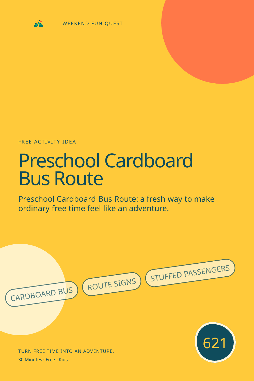 Vertical Pinterest Weekend Fun Quest illustration for preschool cardboard bus route featuring cardboard bus, route signs, stuffed passengers