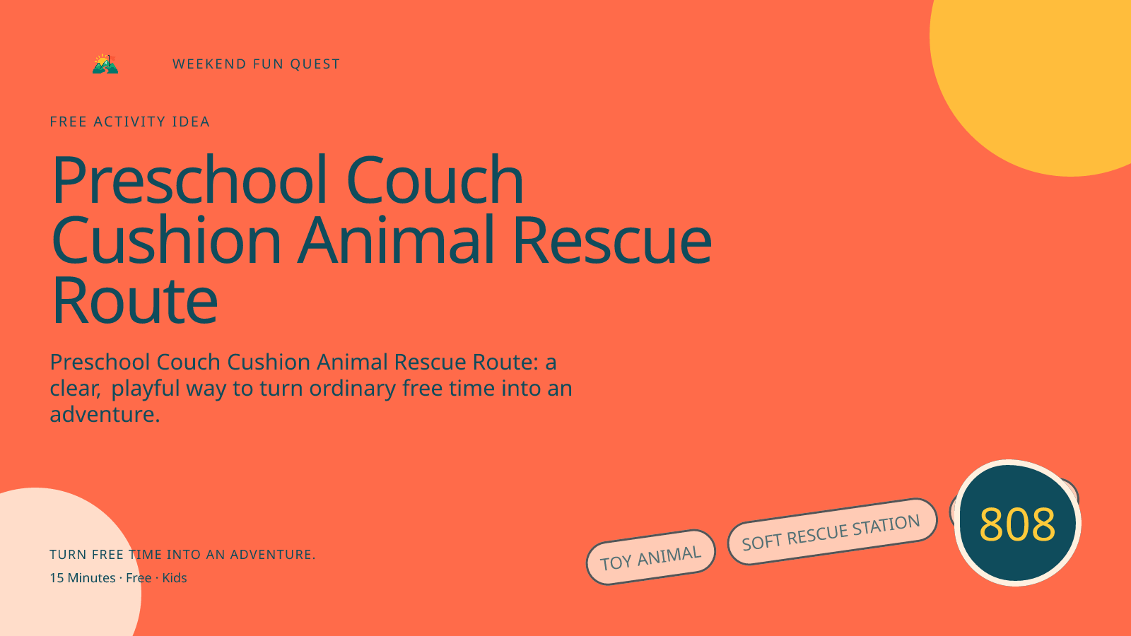 Wide hero Weekend Fun Quest illustration for preschool couch cushion animal rescue route featuring toy animal, soft rescue station, paper trail