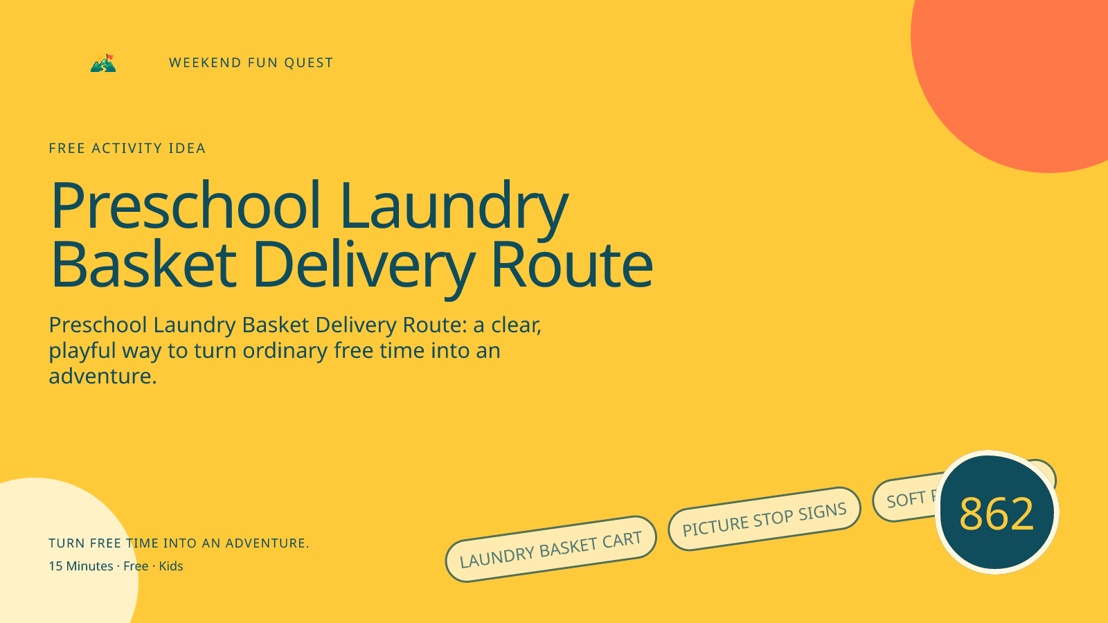 Wide hero Weekend Fun Quest illustration for preschool laundry basket delivery route featuring laundry basket cart, picture stop signs, soft parcel stars
