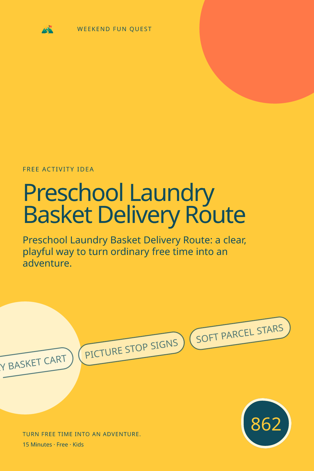 Vertical Pinterest Weekend Fun Quest illustration for preschool laundry basket delivery route featuring laundry basket cart, picture stop signs, soft parcel stars
