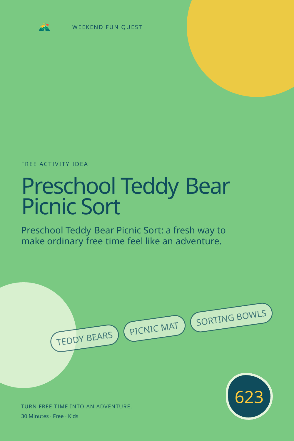 Vertical Pinterest Weekend Fun Quest illustration for preschool teddy bear picnic sort featuring teddy bears, picnic mat, sorting bowls