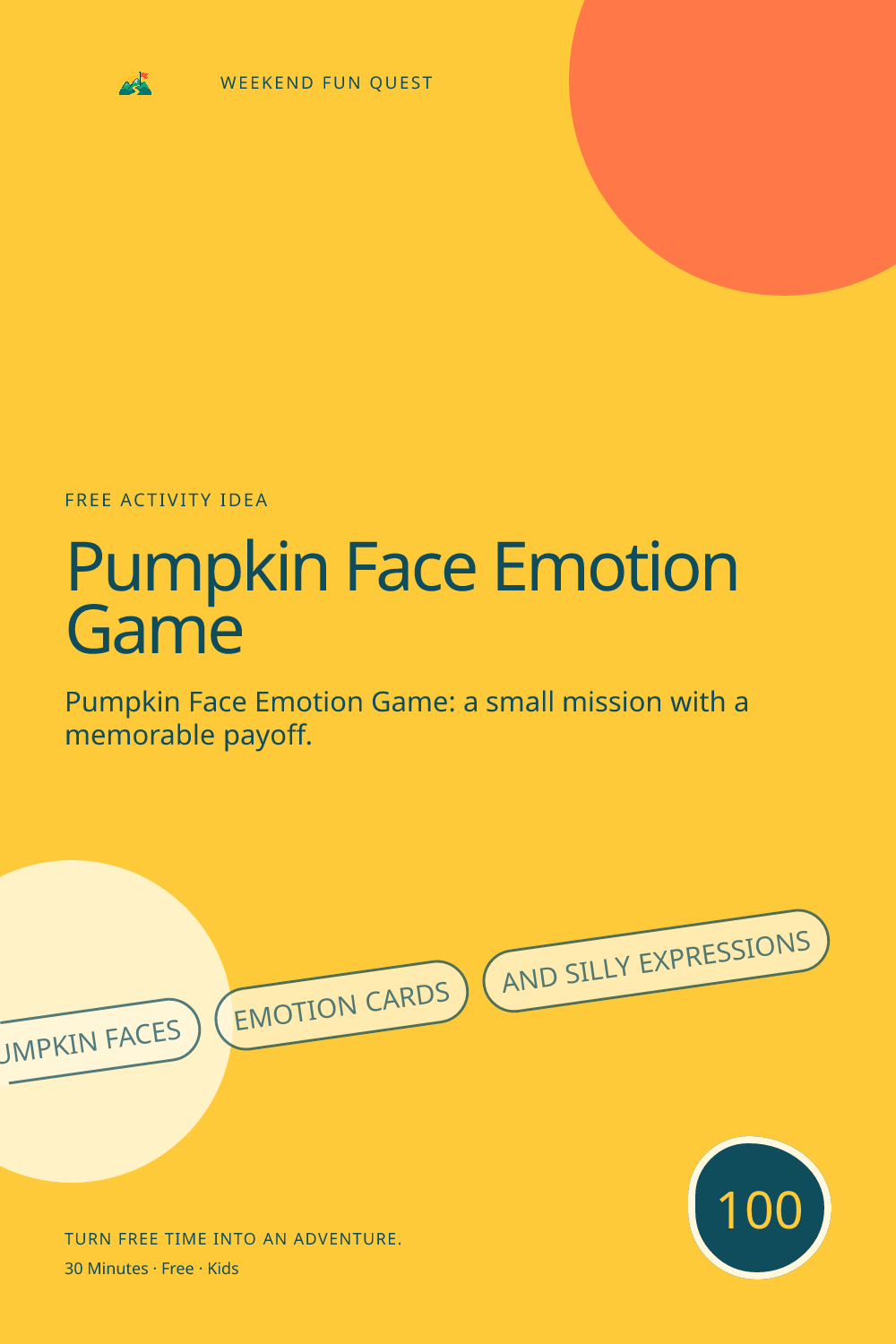 Vertical Pinterest activity illustration for pumpkin face emotion game featuring pumpkin faces, emotion cards, and silly expressions