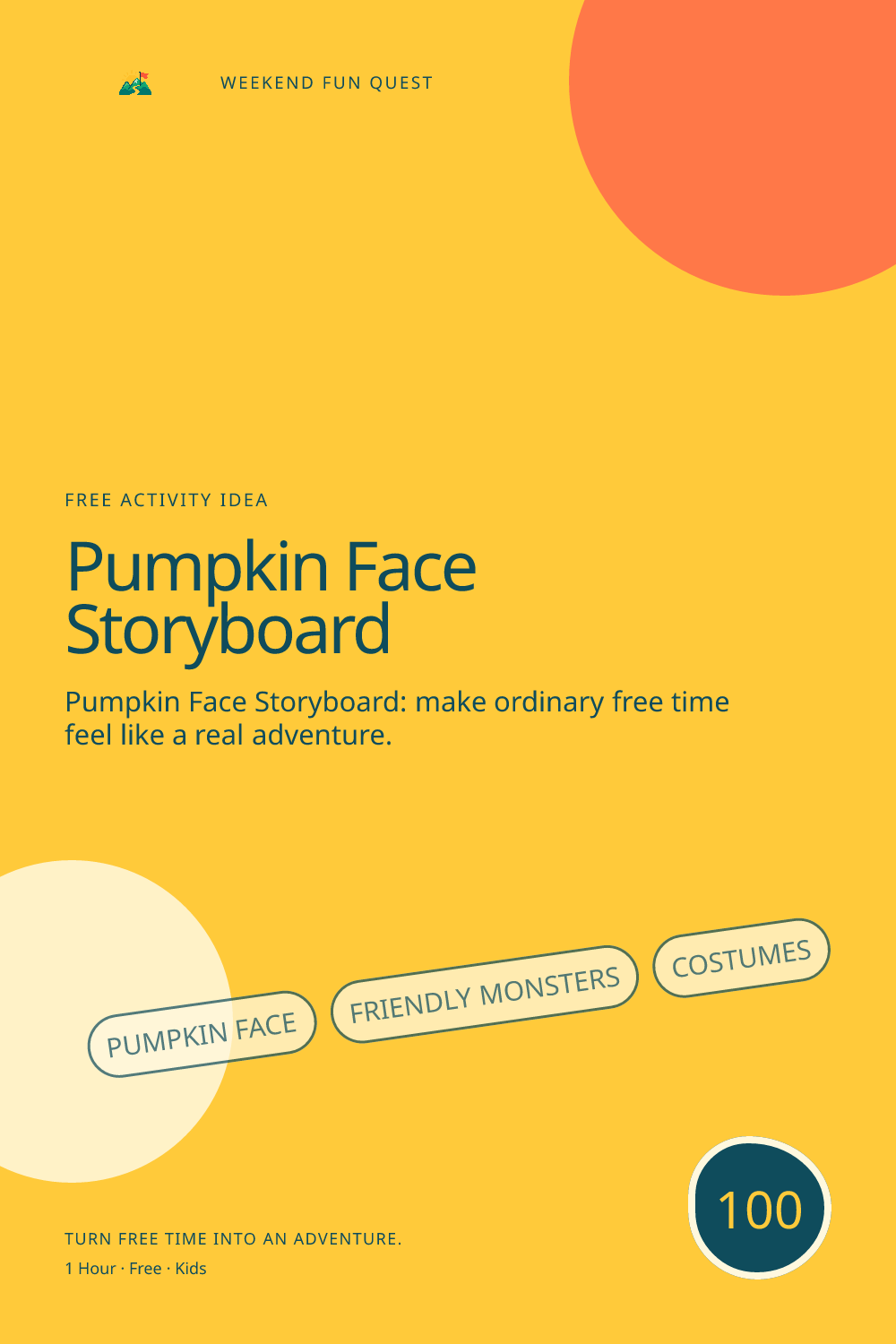 Vertical Pinterest activity illustration for pumpkin face storyboard featuring friendly monsters, costumes, and Halloween imagination