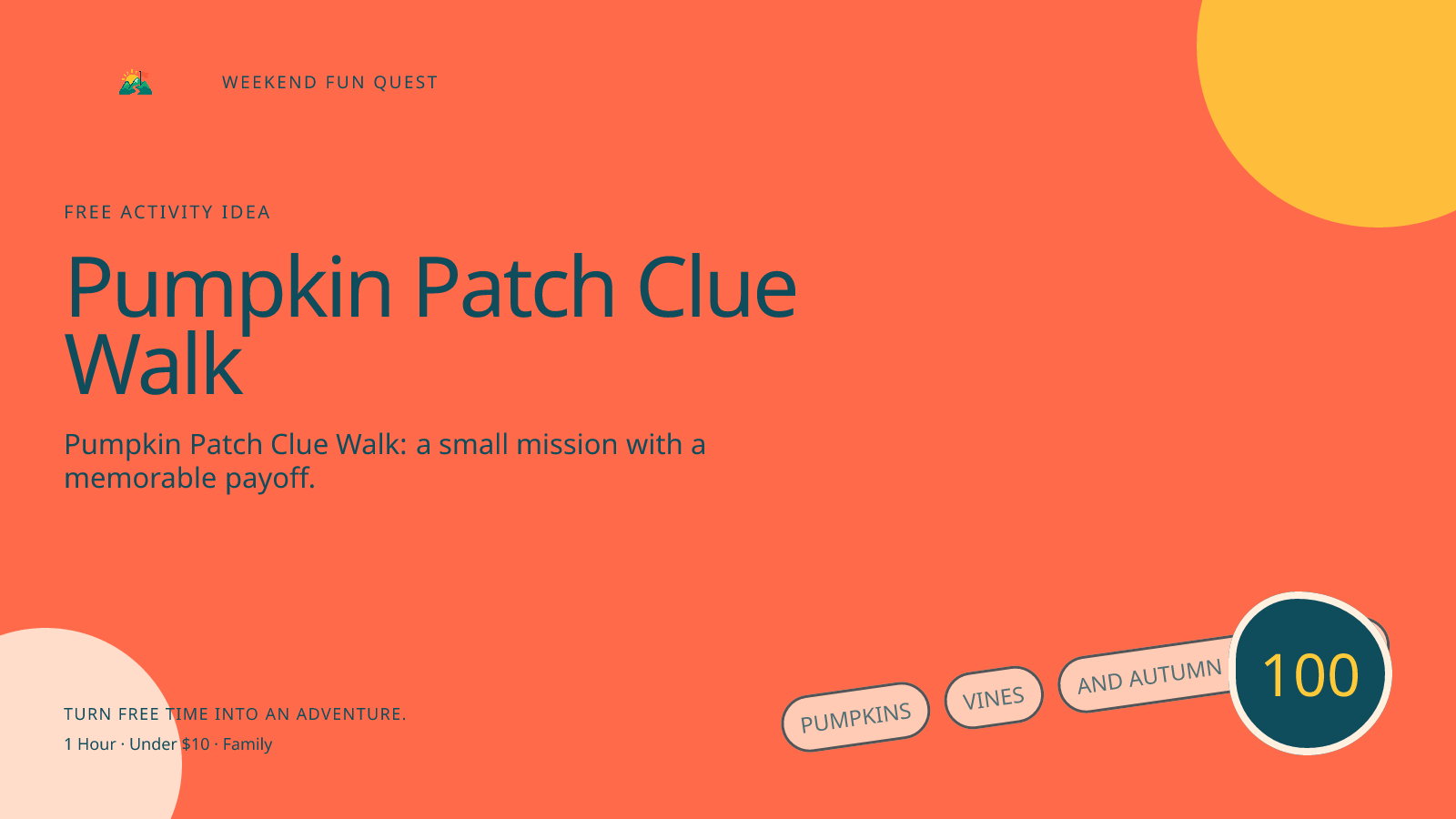 Wide Weekend Fun Quest illustration for pumpkin patch clue walk featuring pumpkins, vines, and autumn color clues
