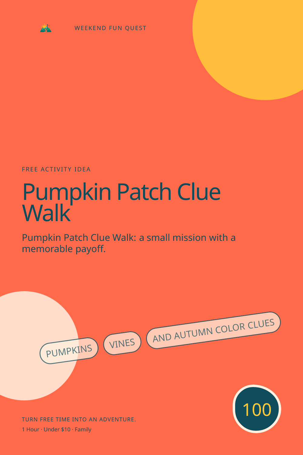 Vertical Pinterest activity illustration for pumpkin patch clue walk featuring pumpkins, vines, and autumn color clues