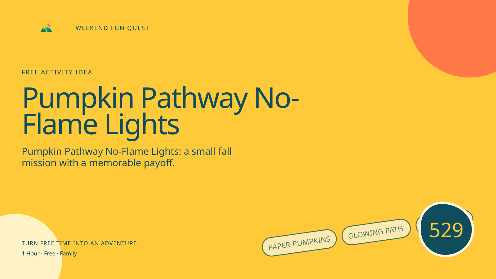 Wide Weekend Fun Quest illustration for pumpkin pathway no-flame lights featuring paper pumpkins, glowing path, night trail