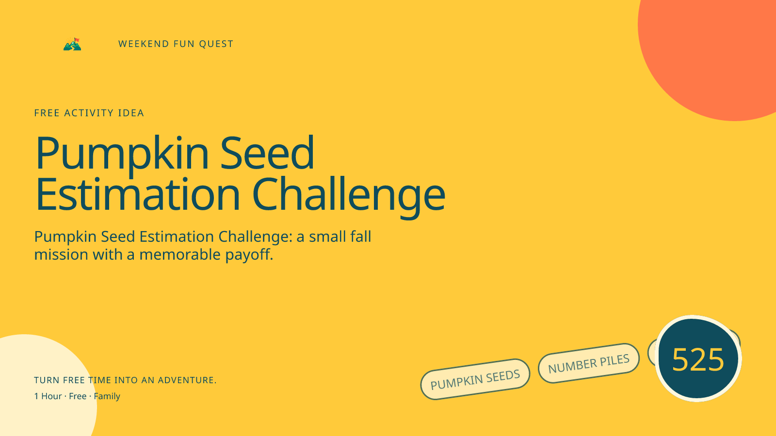 Wide Weekend Fun Quest illustration for pumpkin seed estimation challenge featuring pumpkin seeds, number piles, math notes