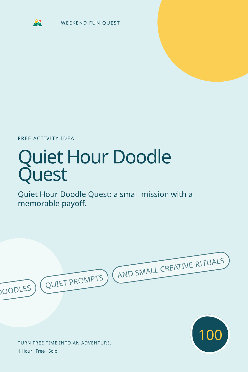 Vertical Pinterest activity illustration for quiet hour doodle quest featuring doodles, quiet prompts, and small creative rituals