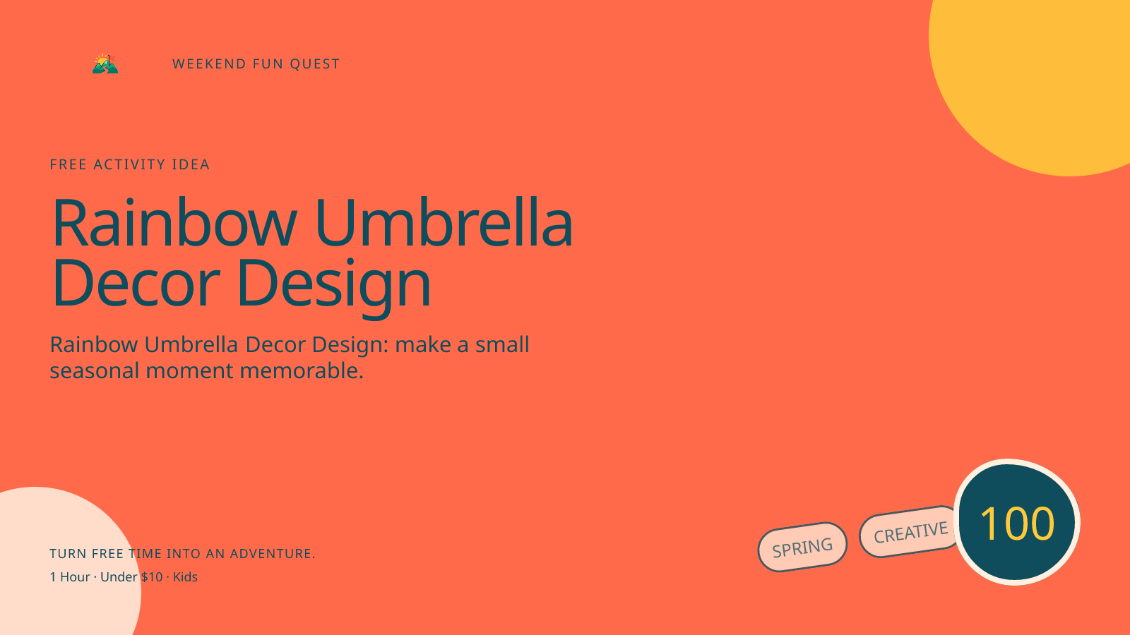 Wide Weekend Fun Quest illustration for rainbow umbrella decor design featuring design a paper umbrella display with weather words and bright color choices