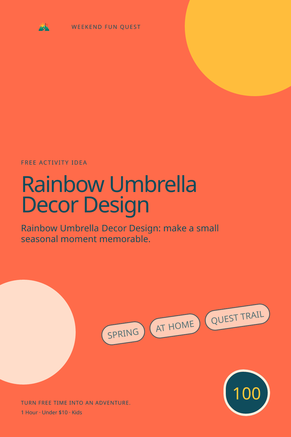 Vertical Pinterest illustration for rainbow umbrella decor design featuring design a paper umbrella display with weather words and bright color choices