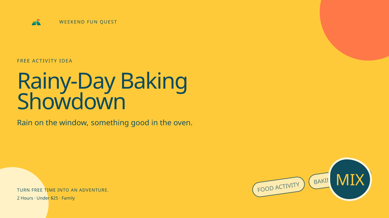 Rainy-Day Baking Showdown: wide Quest hero illustration showing food activity, baking, rainy for Weekend Fun Quest