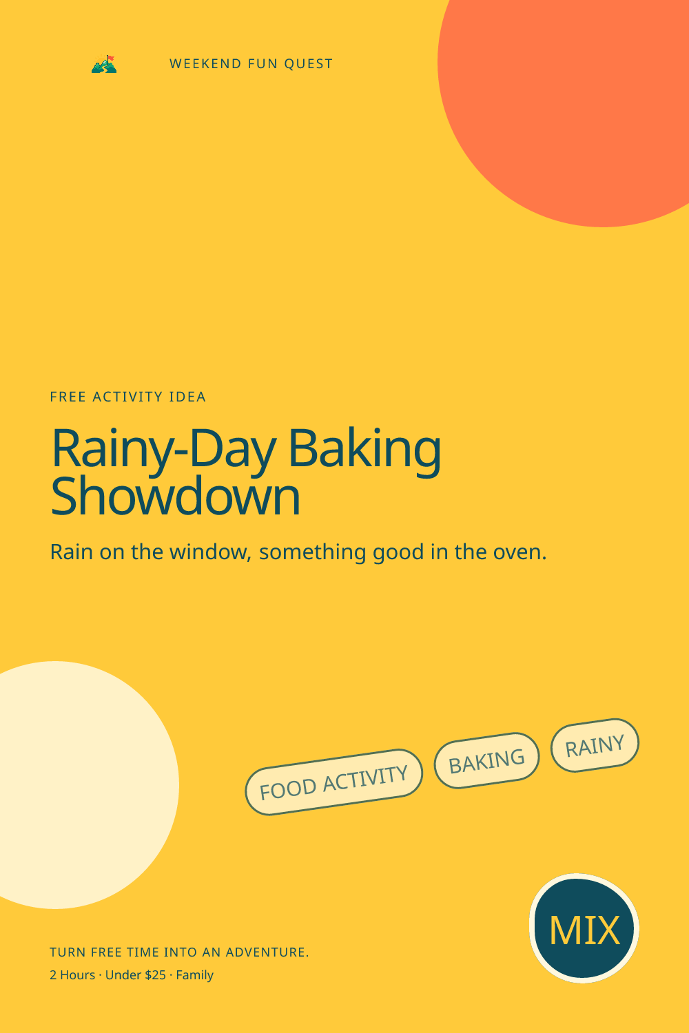 Rainy-Day Baking Showdown: vertical Pinterest graphic illustration showing food activity, baking, rainy, quest trail for Weekend Fun Quest