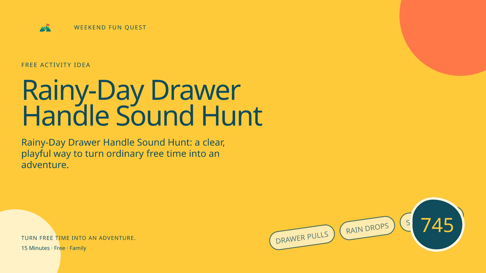 Wide hero Weekend Fun Quest illustration for rainy-day drawer handle sound hunt featuring drawer pulls, rain drops, sound waves