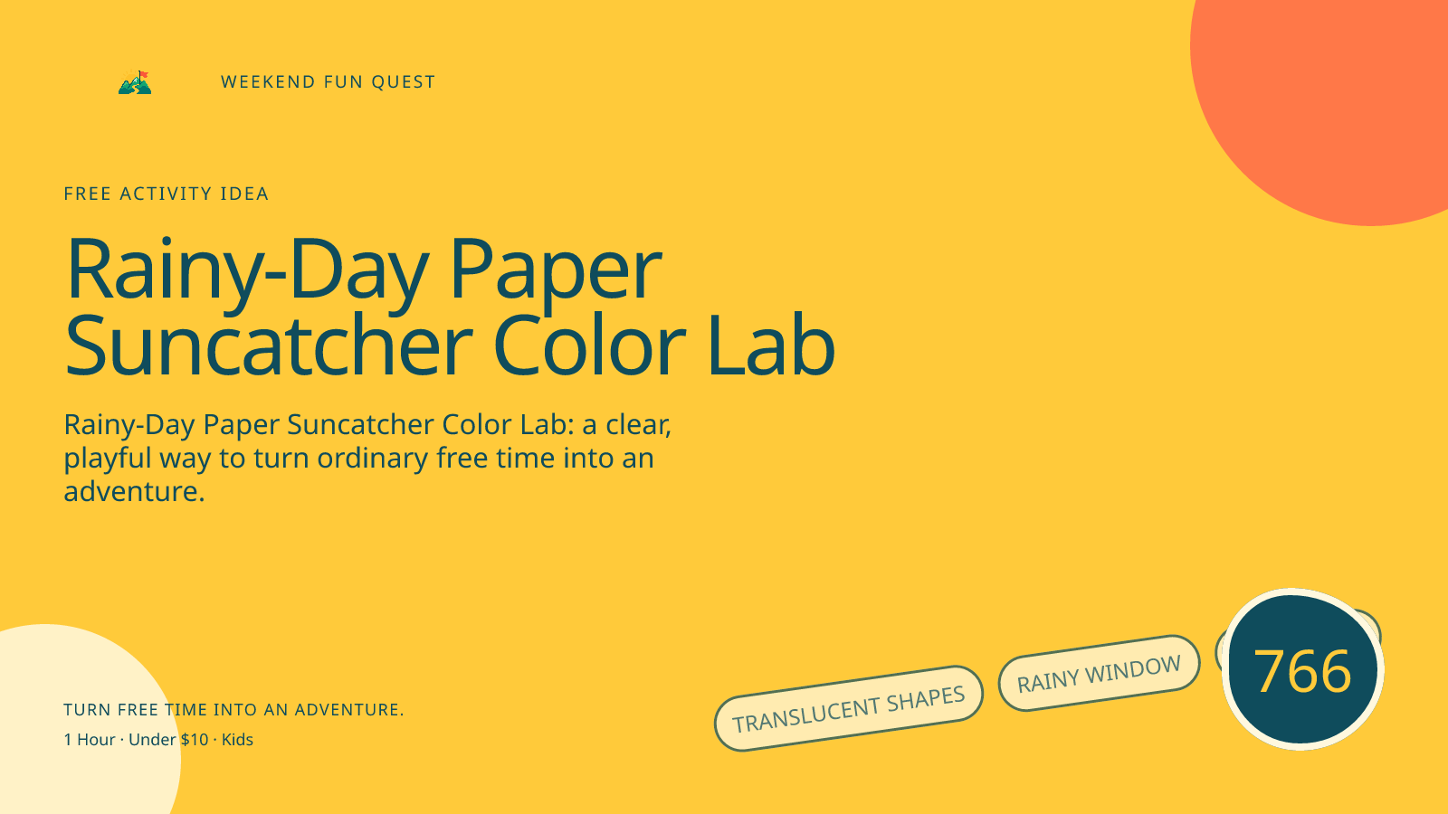 Wide hero Weekend Fun Quest illustration for rainy-day paper suncatcher color lab featuring translucent shapes, rainy window, color rays