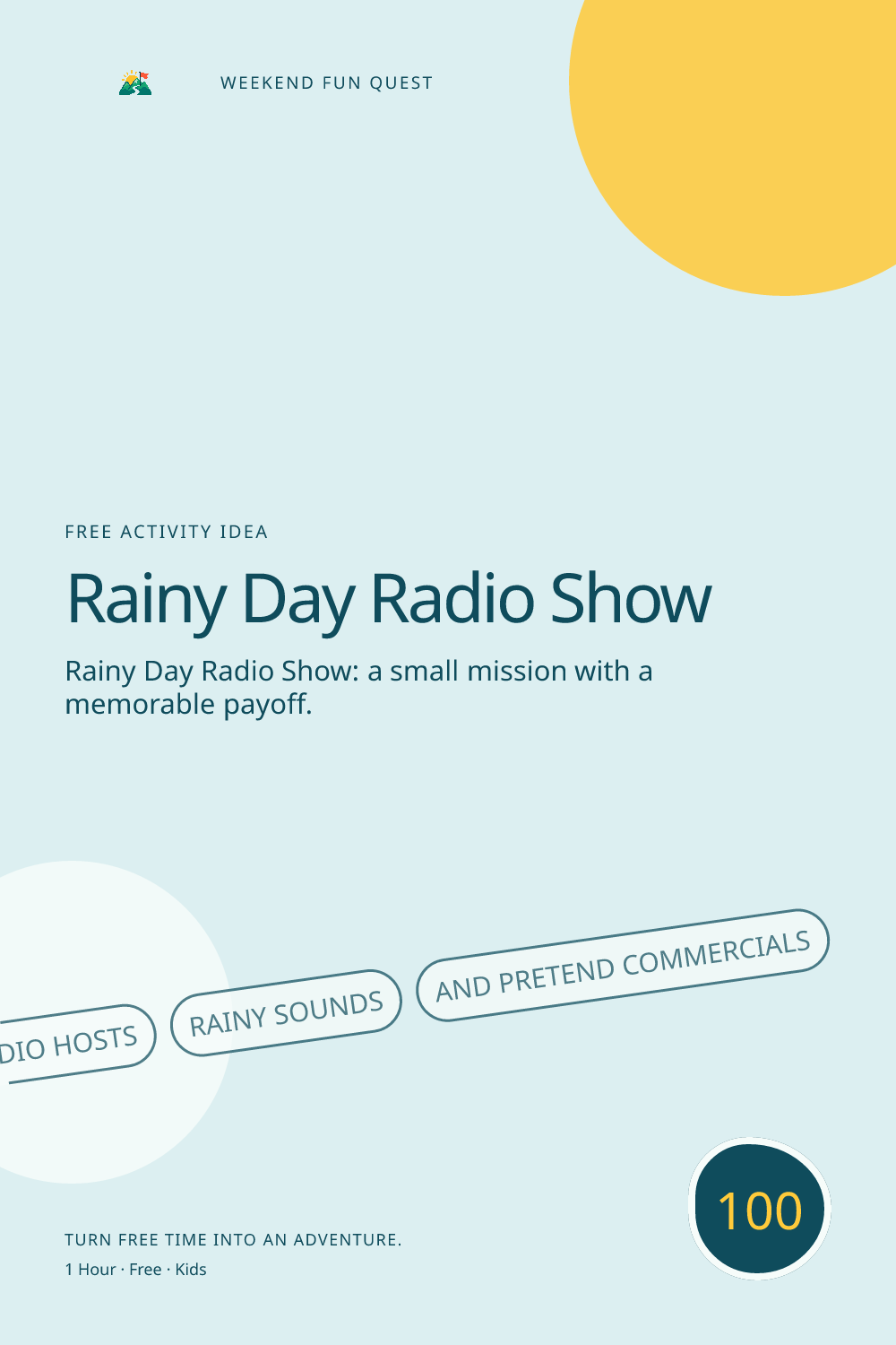 Vertical Pinterest activity illustration for rainy day radio show featuring radio hosts, rainy sounds, and pretend commercials