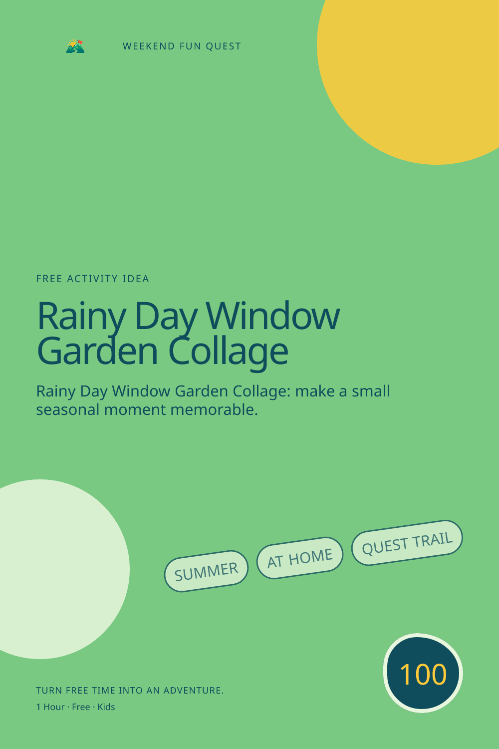 Vertical Pinterest illustration for rainy day window garden collage featuring create a paper window garden using collage shapes rather than real plants