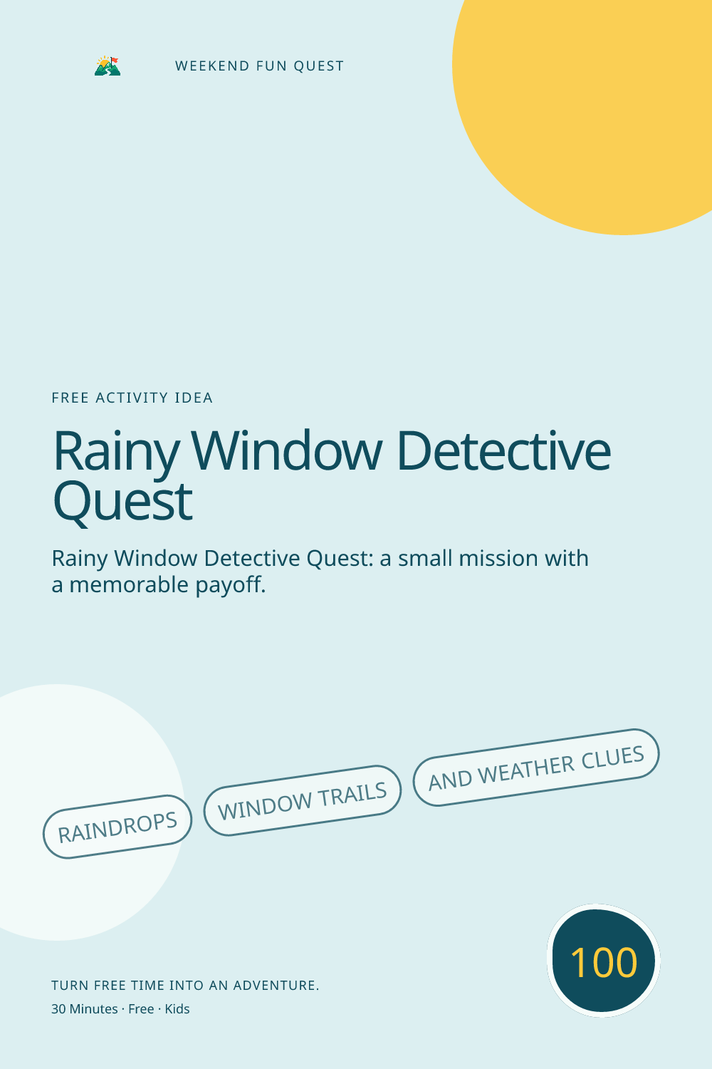 Vertical Pinterest activity illustration for rainy window detective quest featuring raindrops, window trails, and weather clues
