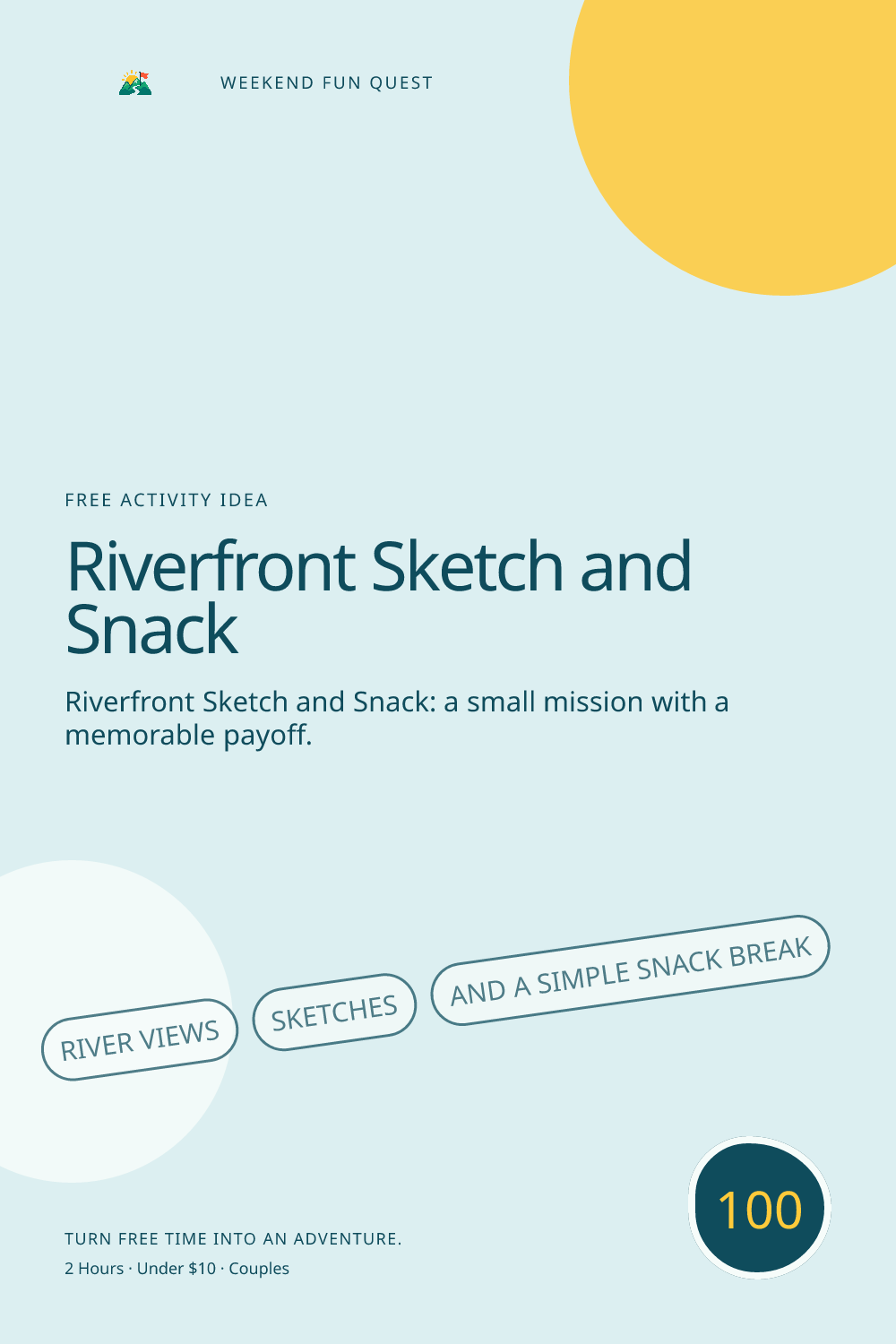 Vertical Pinterest activity illustration for riverfront sketch and snack featuring river views, sketches, and a simple snack break