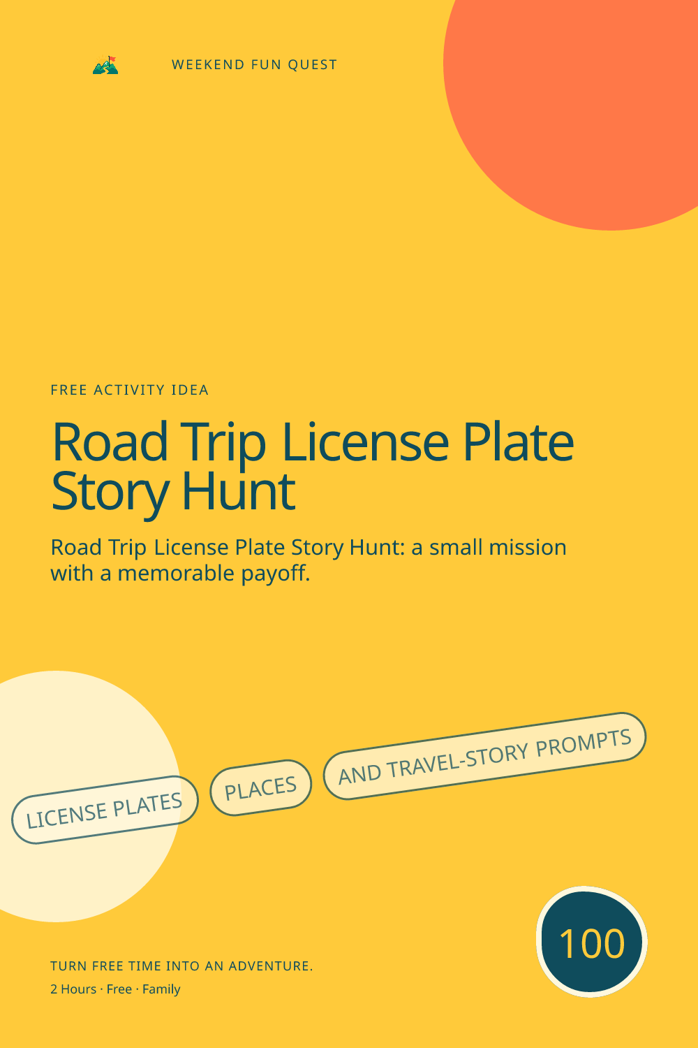Vertical Pinterest activity illustration for road trip license plate story hunt featuring license plates, places, and travel-story prompts