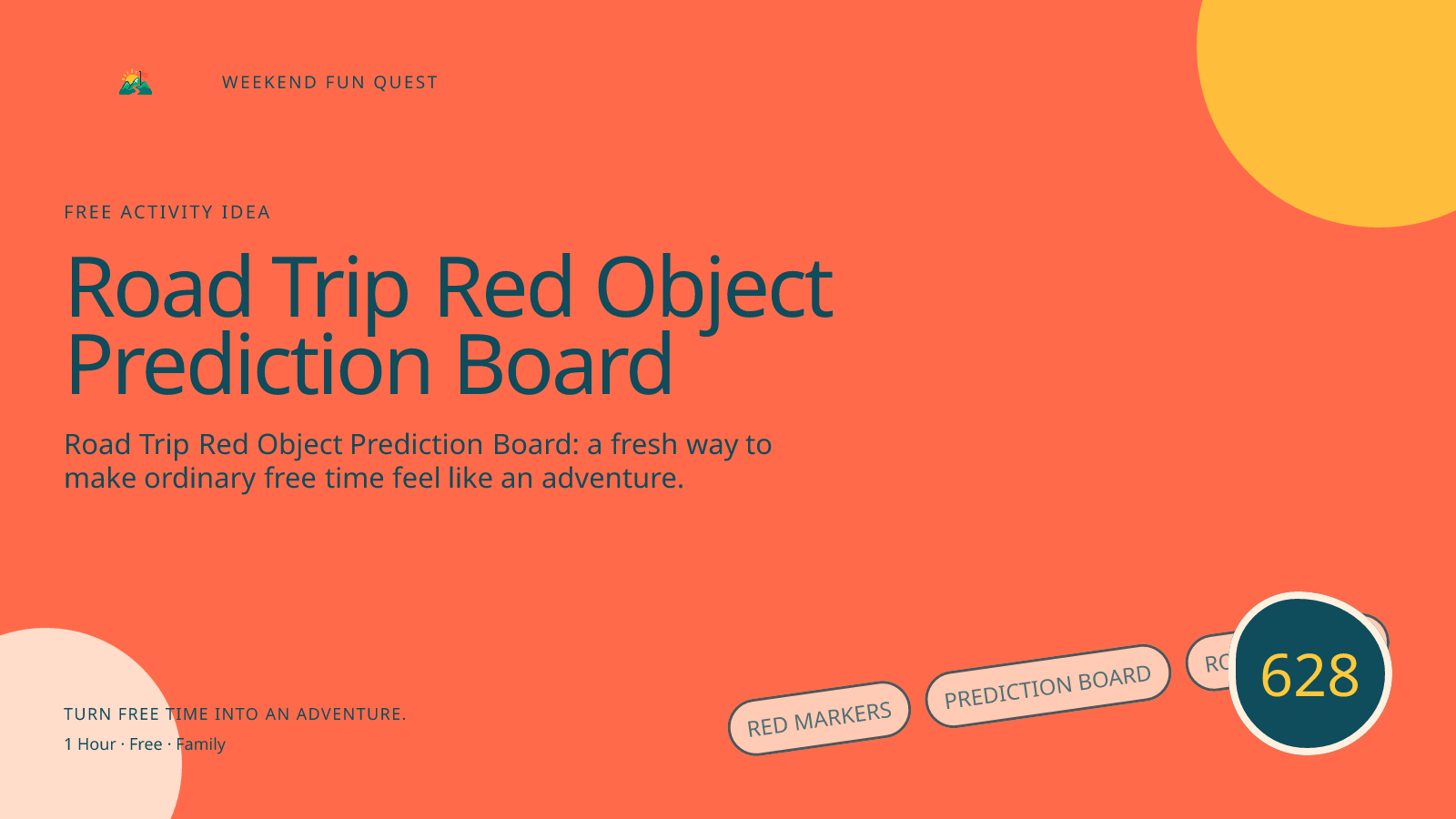 Wide Weekend Fun Quest illustration for road trip red object prediction board featuring red markers, prediction board, roadside view