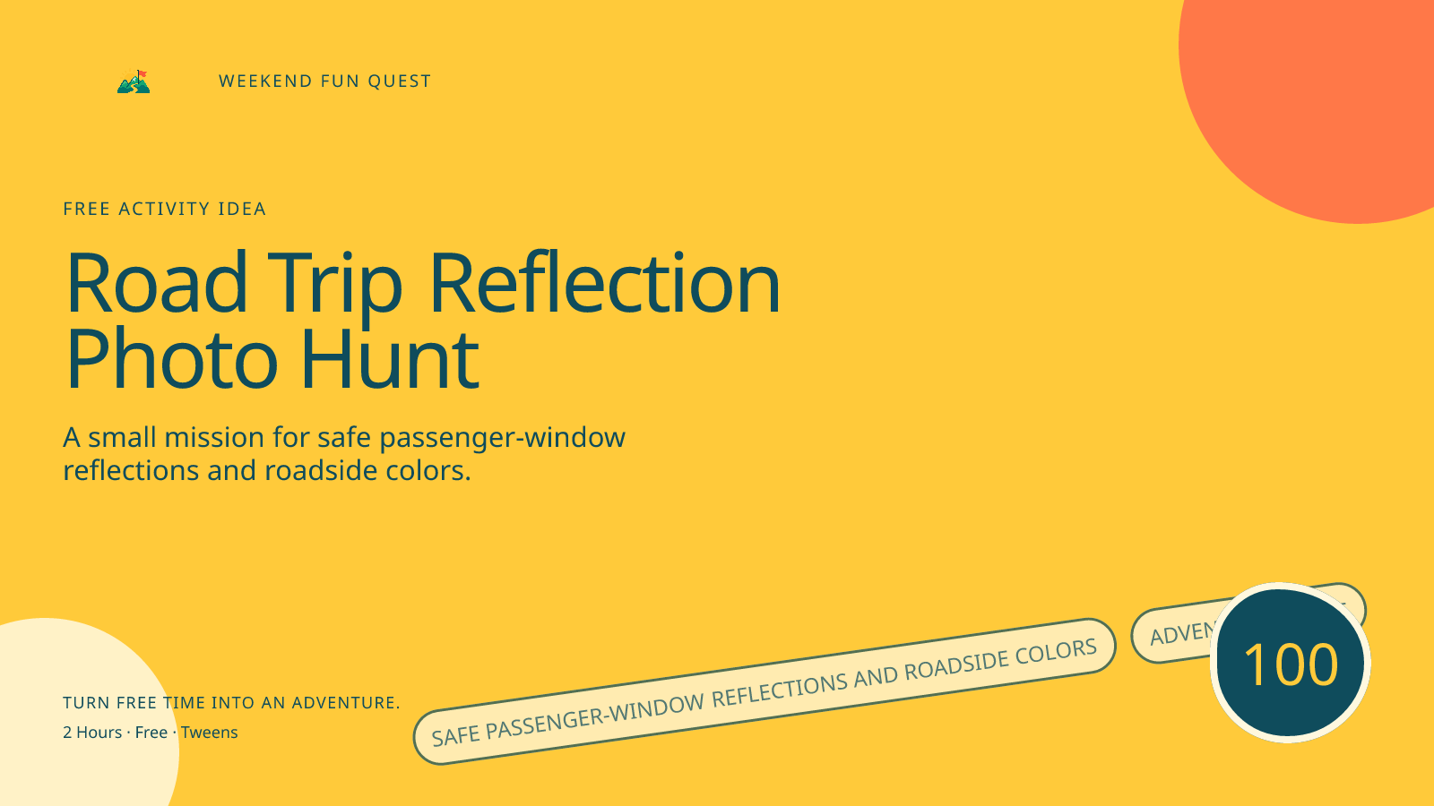 Wide Weekend Fun Quest illustration for road trip reflection photo hunt featuring safe passenger-window reflections and roadside colors