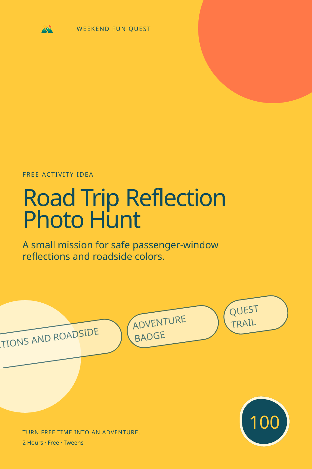 Vertical Pinterest graphic for road trip reflection photo hunt featuring safe passenger-window reflections and roadside colors and a quest trail